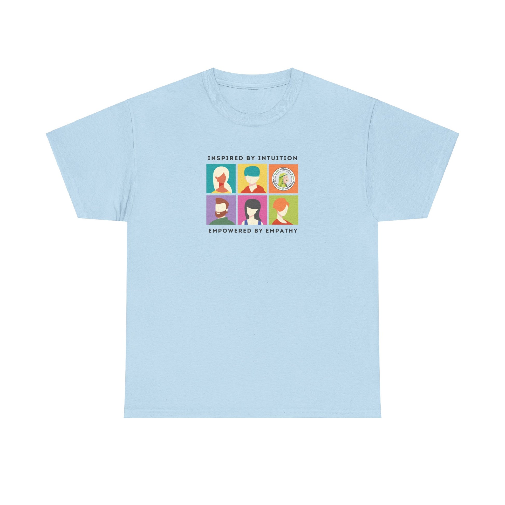 Front view of the INFP Pride Tee, showcasing its classic fit and timeless crew neckline on light blue tee.