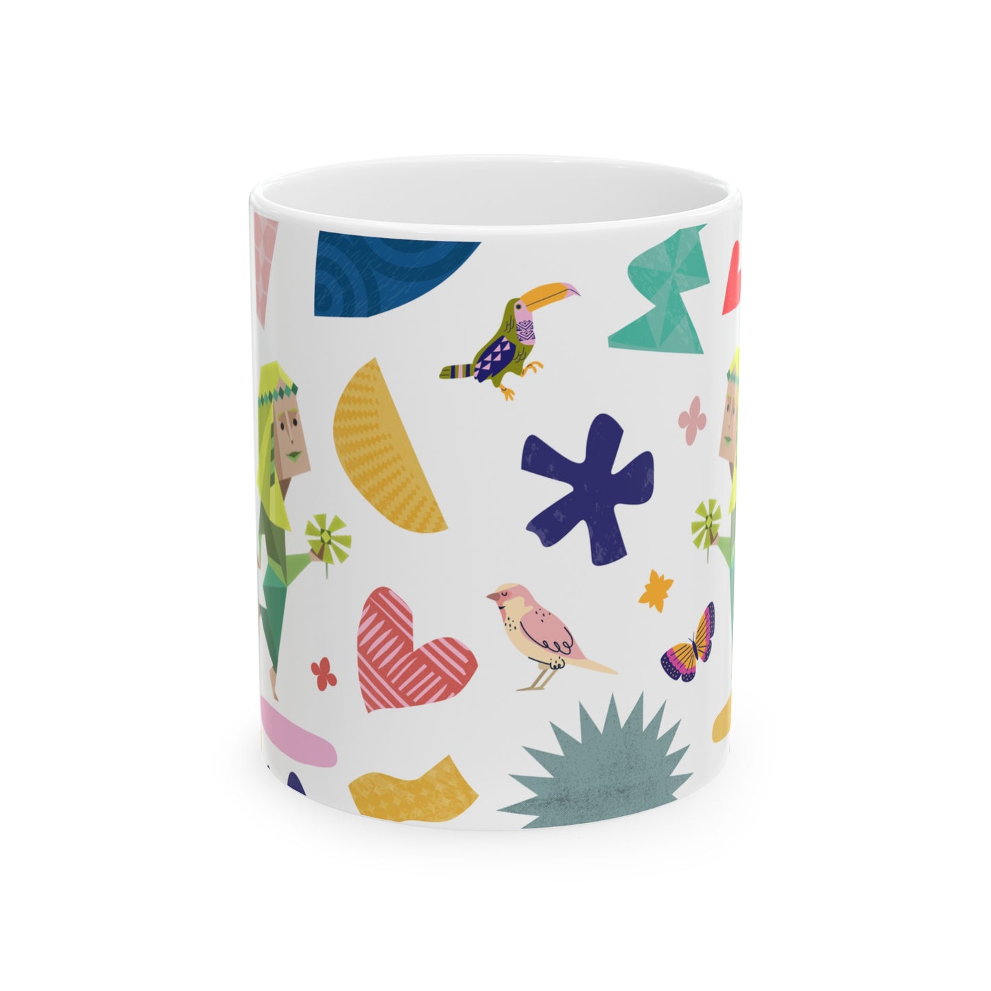 Front view of the INFP Daydream Ceramic Mug, showcasing whimsical prints and a glossy finish.